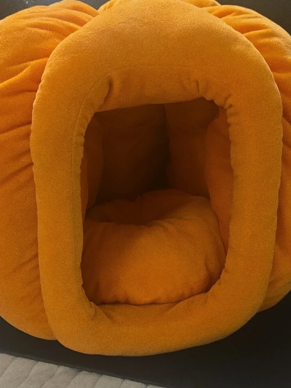 Plush Orange Pumpkin-Shaped Cat Bed With Removable Pillow.